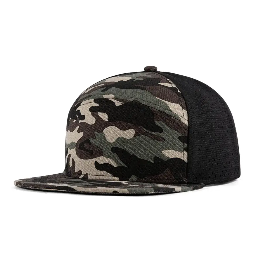 Camouflage Laser Hole Back Panel Recycled Cotton Flat Snapback Cap-Army green camo-CCS606-main image