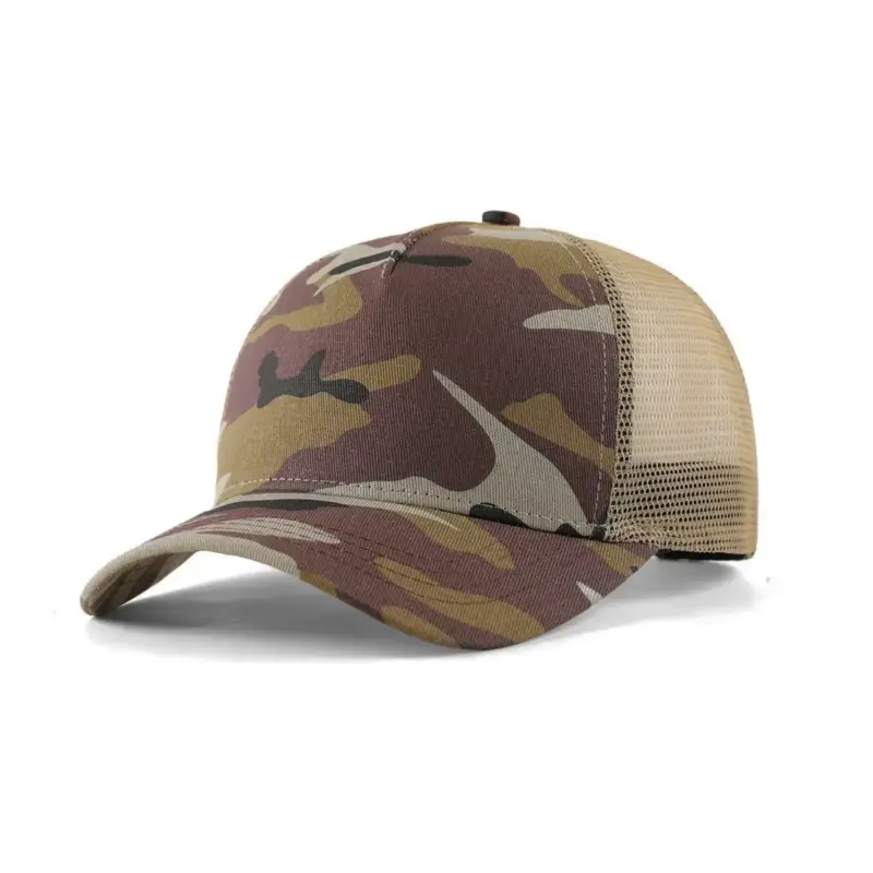 Recycled Cotton 5-Panel Camouflage rPET mesh Truck Cap-Khaki camo-CCT505-main image